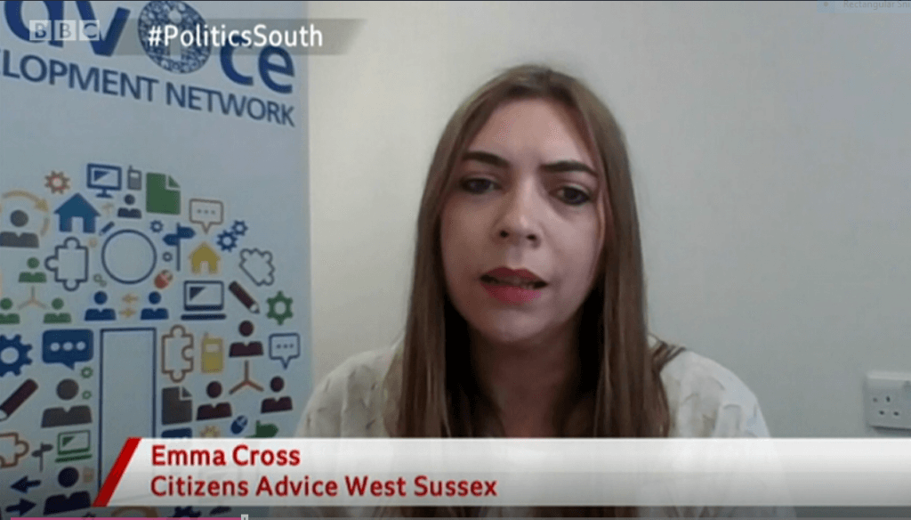 Photo shows Emma Cross, Citizens Advice in West Sussex (North, South, East) CEO, appearing on BBC Politics South